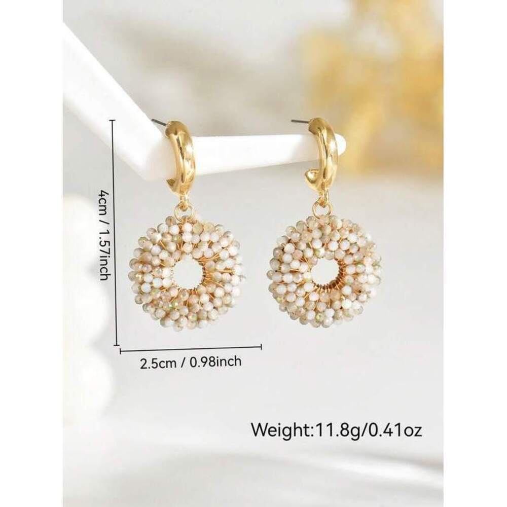 Luxury Handmade Woven Light Beige Crystal Geometric Hoop Earrings, Elegan